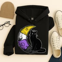 Nonbinary Moon Space Cat LGBT Pride With NB Non Binary Flag Hoodie