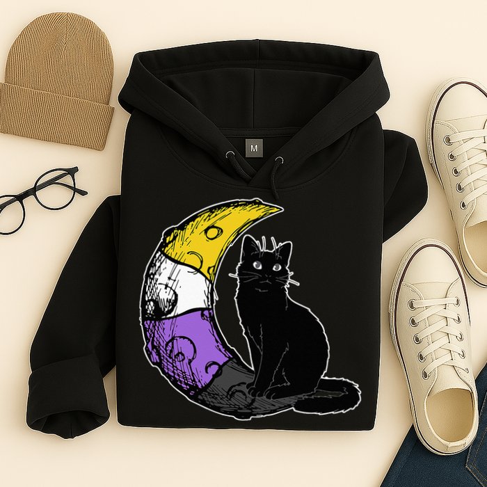 Nonbinary Moon Space Cat LGBT Pride With NB Non Binary Flag Hoodie
