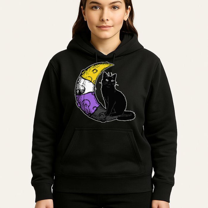 Nonbinary Moon Space Cat LGBT Pride With NB Non Binary Flag Hoodie