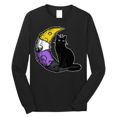 Nonbinary Moon Space Cat LGBT Pride With NB Non Binary Flag Long Sleeve Shirt