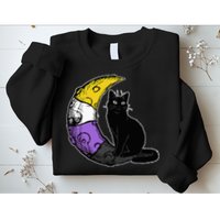 Nonbinary Moon Space Cat LGBT Pride With NB Non Binary Flag Sweatshirt