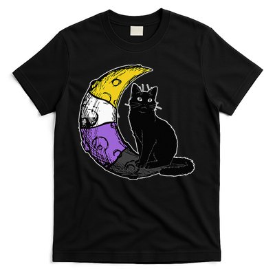 Nonbinary Moon Space Cat LGBT Pride With NB Non Binary Flag T-Shirt