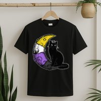 Nonbinary Moon Space Cat LGBT Pride With NB Non Binary Flag T-Shirt