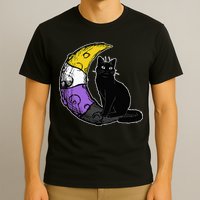 Nonbinary Moon Space Cat LGBT Pride With NB Non Binary Flag T-Shirt