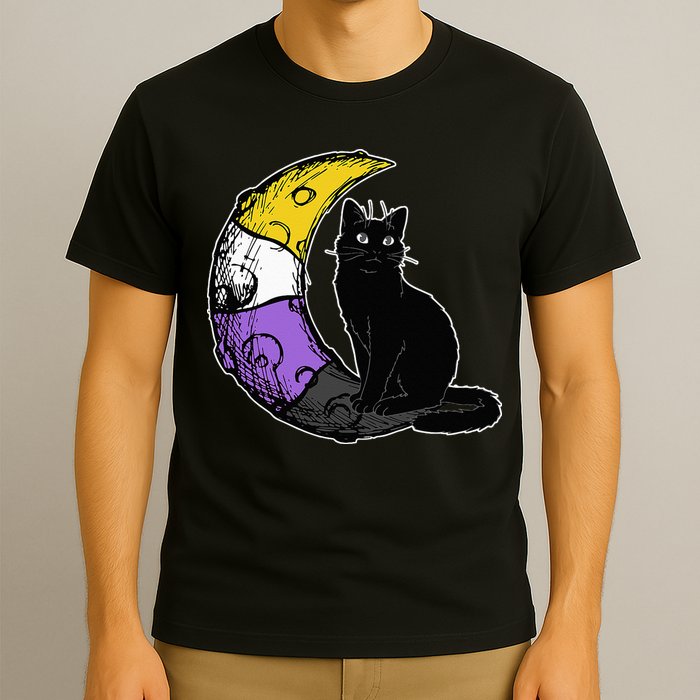 Nonbinary Moon Space Cat LGBT Pride With NB Non Binary Flag T-Shirt