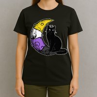 Nonbinary Moon Space Cat LGBT Pride With NB Non Binary Flag T-Shirt