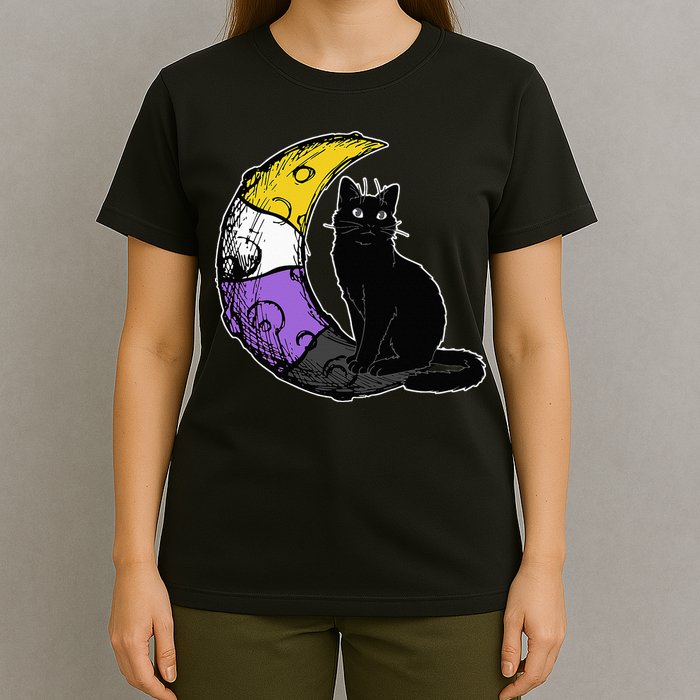 Nonbinary Moon Space Cat LGBT Pride With NB Non Binary Flag T-Shirt