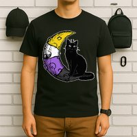 Nonbinary Moon Space Cat LGBT Pride With NB Non Binary Flag T-Shirt