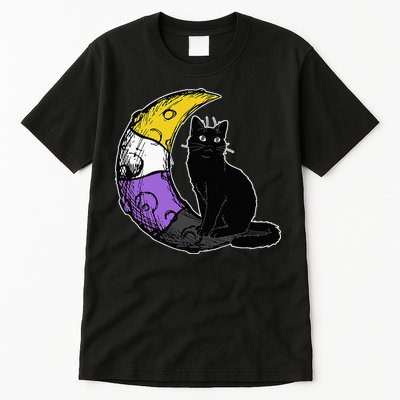 Nonbinary Moon Space Cat LGBT Pride With NB Non Binary Flag Tall T-Shirt