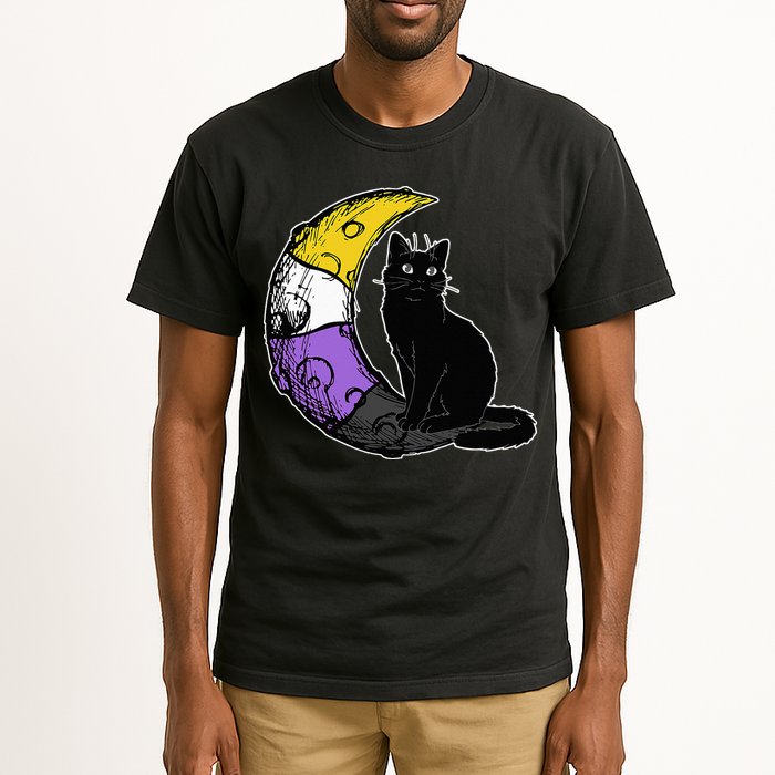 Nonbinary Moon Space Cat LGBT Pride With NB Non Binary Flag Tall T-Shirt