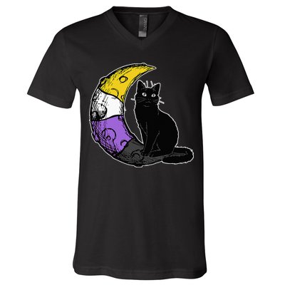 Nonbinary Moon Space Cat LGBT Pride With NB Non Binary Flag V-Neck T-Shirt