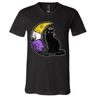 Nonbinary Moon Space Cat LGBT Pride With NB Non Binary Flag V-Neck T-Shirt