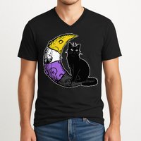 Nonbinary Moon Space Cat LGBT Pride With NB Non Binary Flag V-Neck T-Shirt