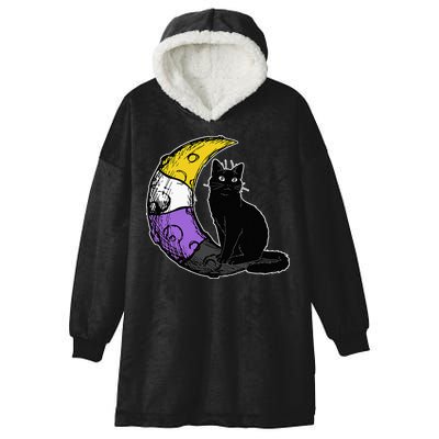 Nonbinary Moon Space Cat LGBT Pride With NB Non Binary Flag Hooded Wearable Blanket