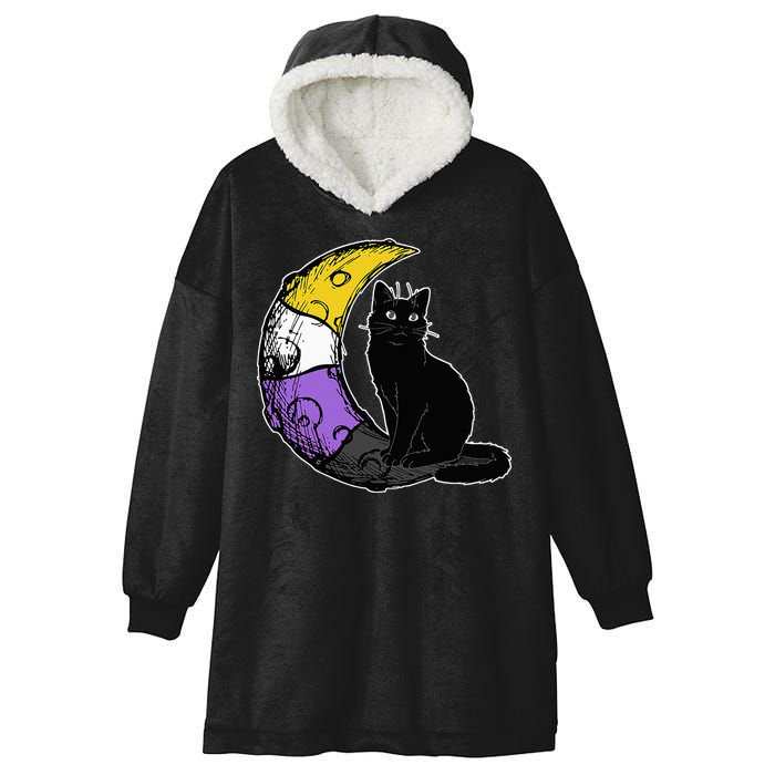 Nonbinary Moon Space Cat LGBT Pride With NB Non Binary Flag Hooded Wearable Blanket