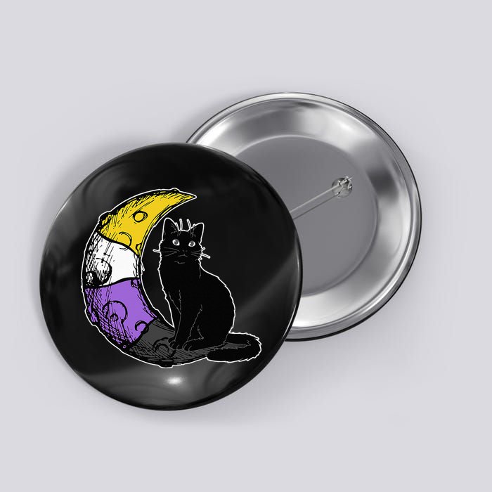 Nonbinary Moon Space Cat LGBT Pride With NB Non Binary Flag Button