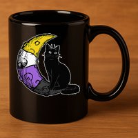 Nonbinary Moon Space Cat LGBT Pride With NB Non Binary Flag 11oz C Handle Ceramic Mug