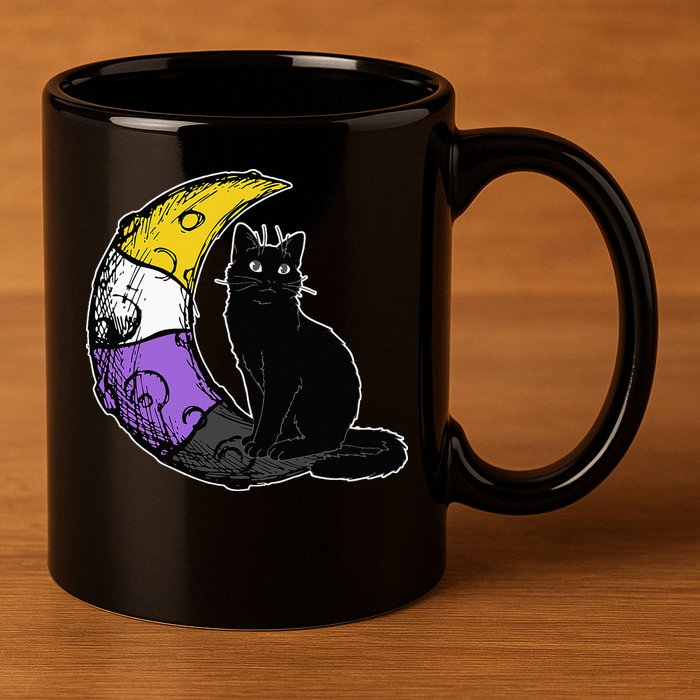 Nonbinary Moon Space Cat LGBT Pride With NB Non Binary Flag 11oz C Handle Ceramic Mug