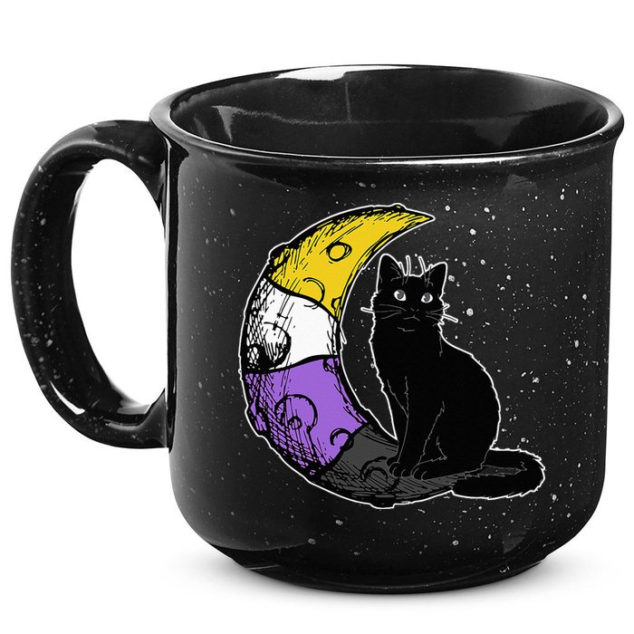 Nonbinary Moon Space Cat LGBT Pride With NB Non Binary Flag 15oz Campfire Ceramic Mug