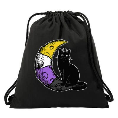 Nonbinary Moon Space Cat LGBT Pride With NB Non Binary Flag Drawstring Bag