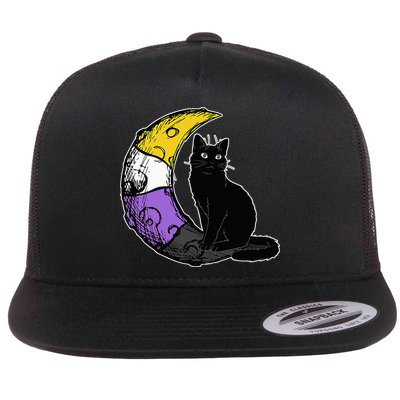 Nonbinary Moon Space Cat LGBT Pride With NB Non Binary Flag Flatbill Hat