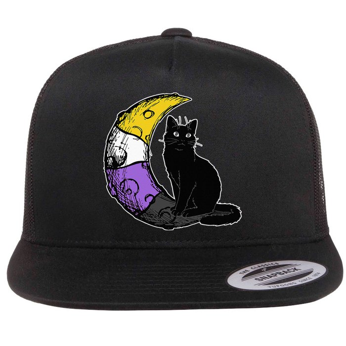 Nonbinary Moon Space Cat LGBT Pride With NB Non Binary Flag Flatbill Hat