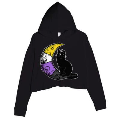 Nonbinary Moon Space Cat LGBT Pride With NB Non Binary Flag Crop Fleece Hoodie