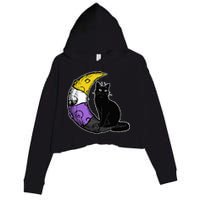Nonbinary Moon Space Cat LGBT Pride With NB Non Binary Flag Crop Fleece Hoodie
