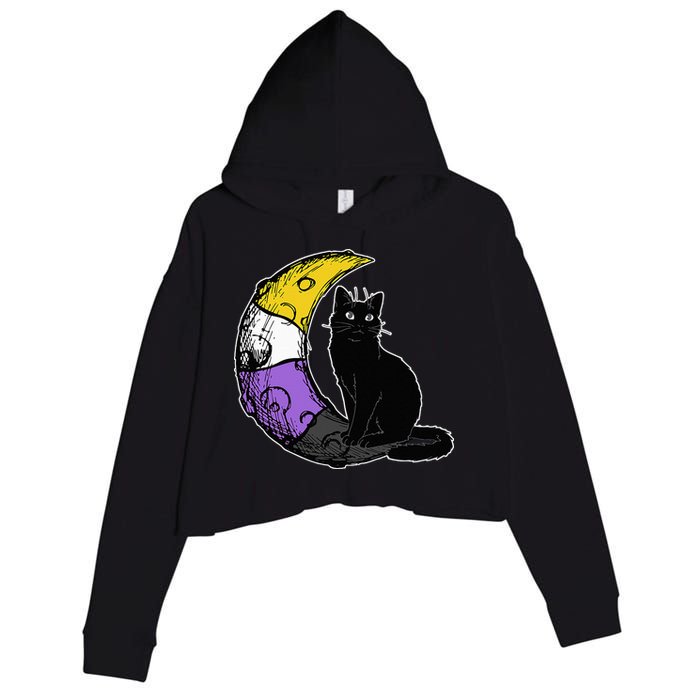 Nonbinary Moon Space Cat LGBT Pride With NB Non Binary Flag Crop Fleece Hoodie