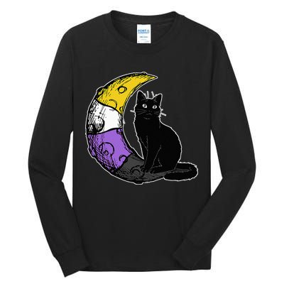 Nonbinary Moon Space Cat LGBT Pride With NB Non Binary Flag Tall Long Sleeve T-Shirt