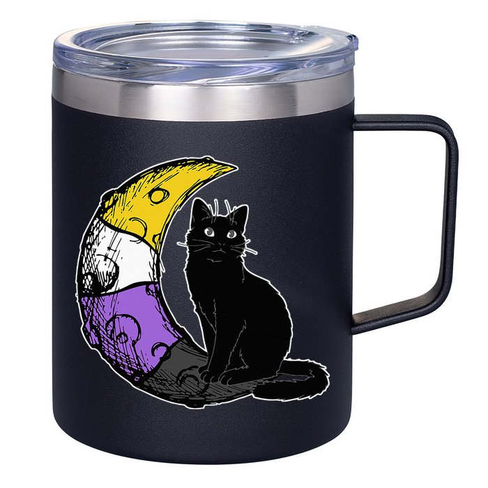 Nonbinary Moon Space Cat LGBT Pride With NB Non Binary Flag 12oz Stainless Steel Coffee Mug