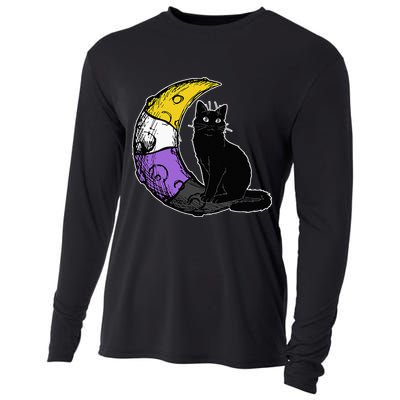 Nonbinary Moon Space Cat LGBT Pride With NB Non Binary Flag Cooling Performance Long Sleeve Crew
