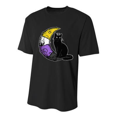 Nonbinary Moon Space Cat LGBT Pride With NB Non Binary Flag Youth Performance Sprint T-Shirt