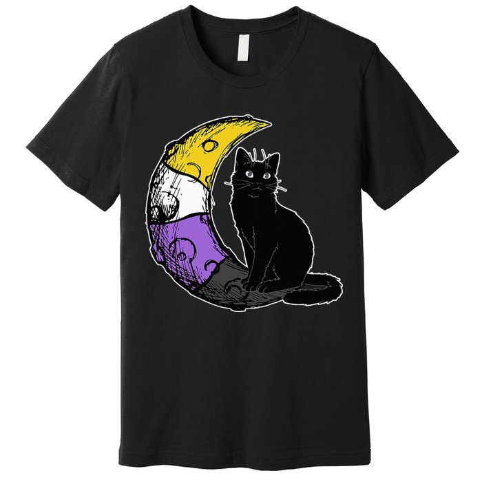 Nonbinary Moon Space Cat LGBT Pride With NB Non Binary Flag Premium T-Shirt