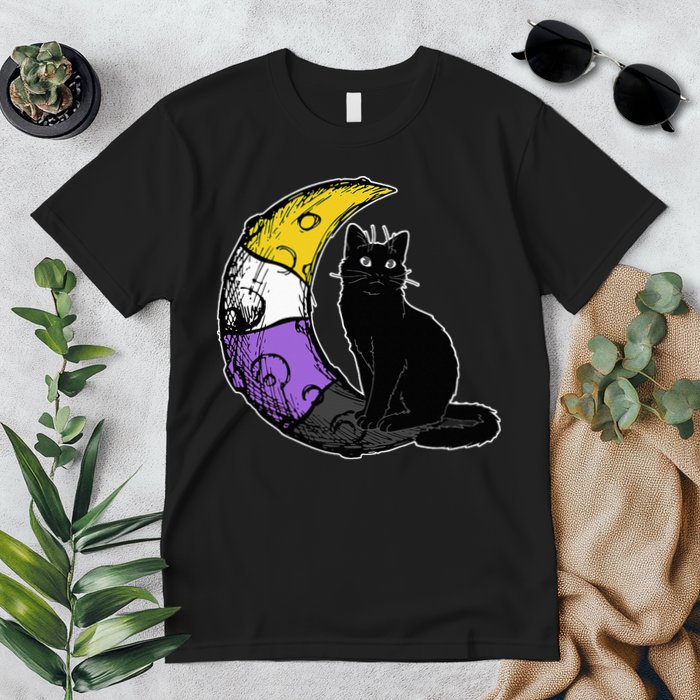Nonbinary Moon Space Cat LGBT Pride With NB Non Binary Flag Premium T-Shirt