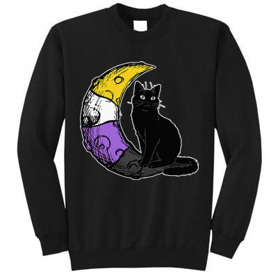 Nonbinary Moon Space Cat LGBT Pride With NB Non Binary Flag Tall Sweatshirt