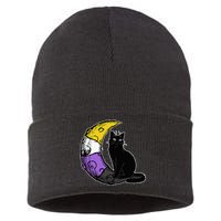Nonbinary Moon Space Cat LGBT Pride With NB Non Binary Flag Sustainable Knit Beanie