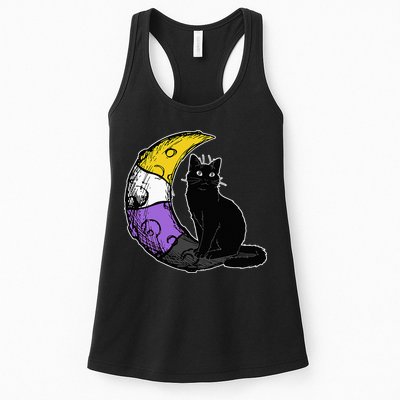 Nonbinary Moon Space Cat LGBT Pride With NB Non Binary Flag Womens Tank Top