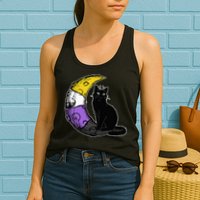 Nonbinary Moon Space Cat LGBT Pride With NB Non Binary Flag Womens Tank Top
