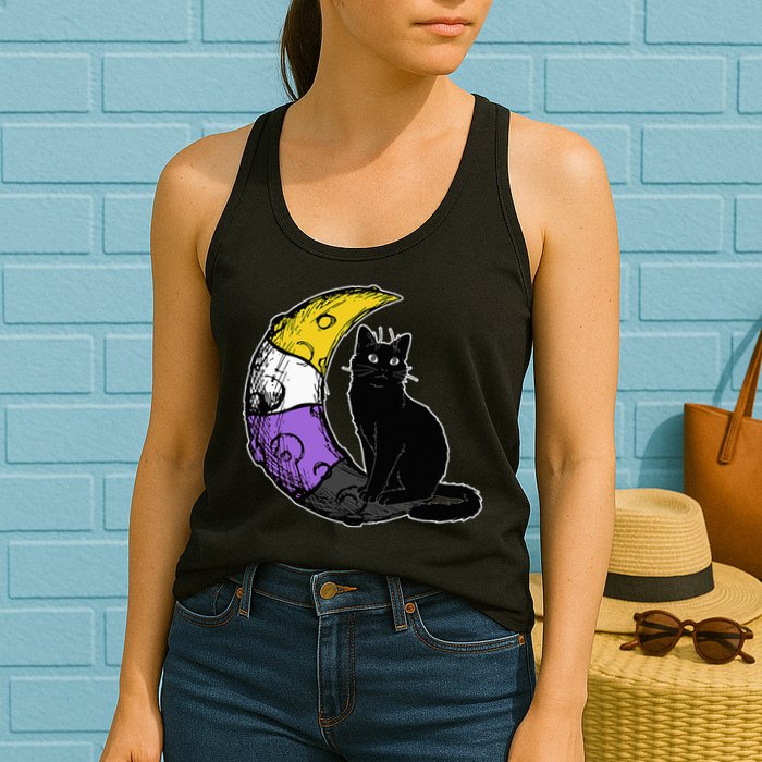Nonbinary Moon Space Cat LGBT Pride With NB Non Binary Flag Womens Tank Top