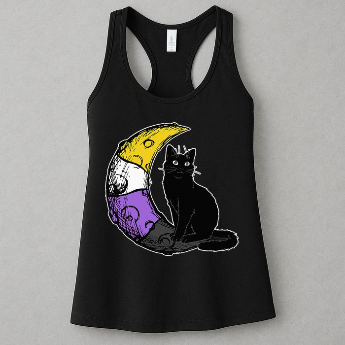 Nonbinary Moon Space Cat LGBT Pride With NB Non Binary Flag Womens Tank Top