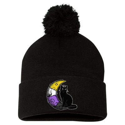 Nonbinary Moon Space Cat LGBT Pride With NB Non Binary Flag Pom Pom 12in Knit Beanie