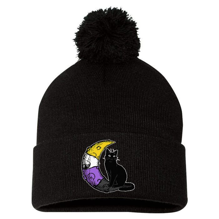 Nonbinary Moon Space Cat LGBT Pride With NB Non Binary Flag Pom Pom 12in Knit Beanie