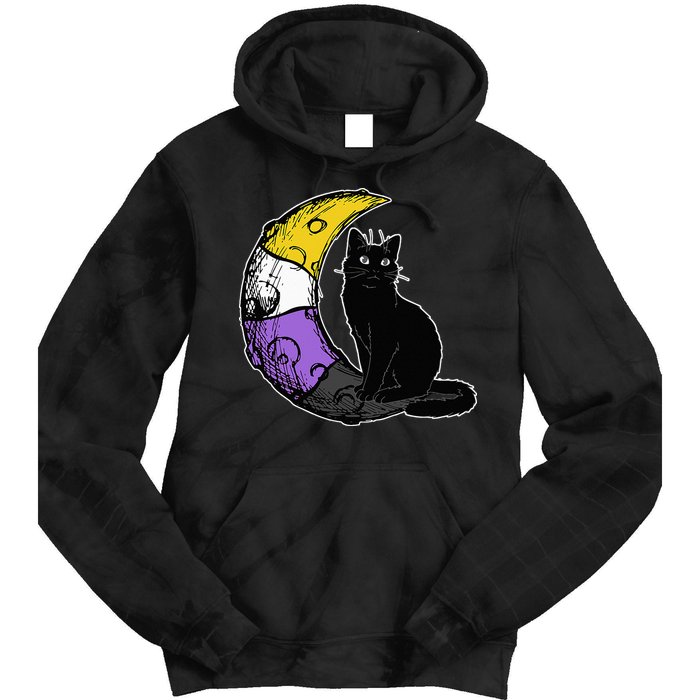 Nonbinary Moon Space Cat LGBT Pride With NB Non Binary Flag Tie Dye Hoodie