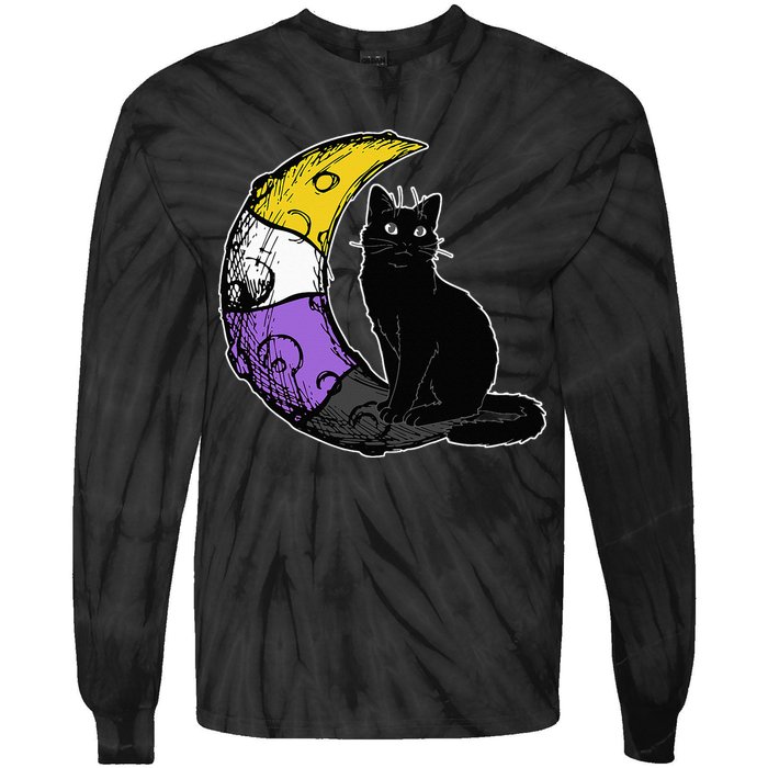 Nonbinary Moon Space Cat LGBT Pride With NB Non Binary Flag Tie-Dye Long Sleeve Shirt
