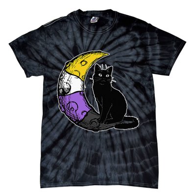 Nonbinary Moon Space Cat LGBT Pride With NB Non Binary Flag Tie-Dye T-Shirt