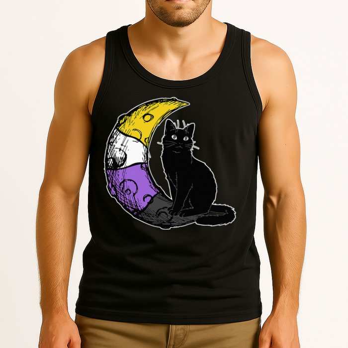 Nonbinary Moon Space Cat LGBT Pride With NB Non Binary Flag Tank Top