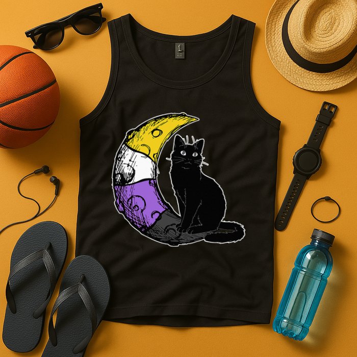 Nonbinary Moon Space Cat LGBT Pride With NB Non Binary Flag Tank Top