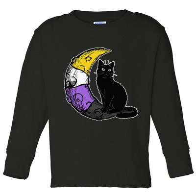 Nonbinary Moon Space Cat LGBT Pride With NB Non Binary Flag Toddler Long Sleeve Shirt