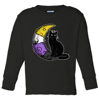 Nonbinary Moon Space Cat LGBT Pride With NB Non Binary Flag Toddler Long Sleeve Shirt